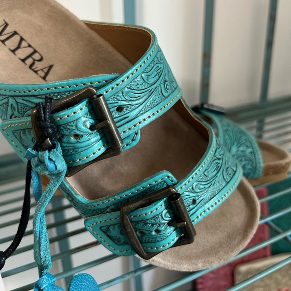New Turquoise Myra Bag Hand Tooled Genuine Leather Summer Sandal Sunflower - Picture 13 of 16